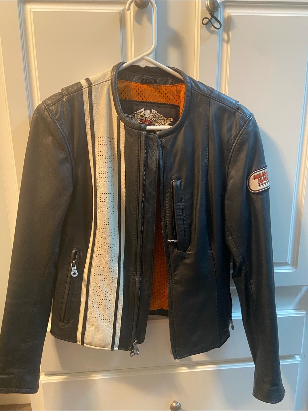 Harley-Davidson Black Leather Jacket with White Stripe and Orange Lining